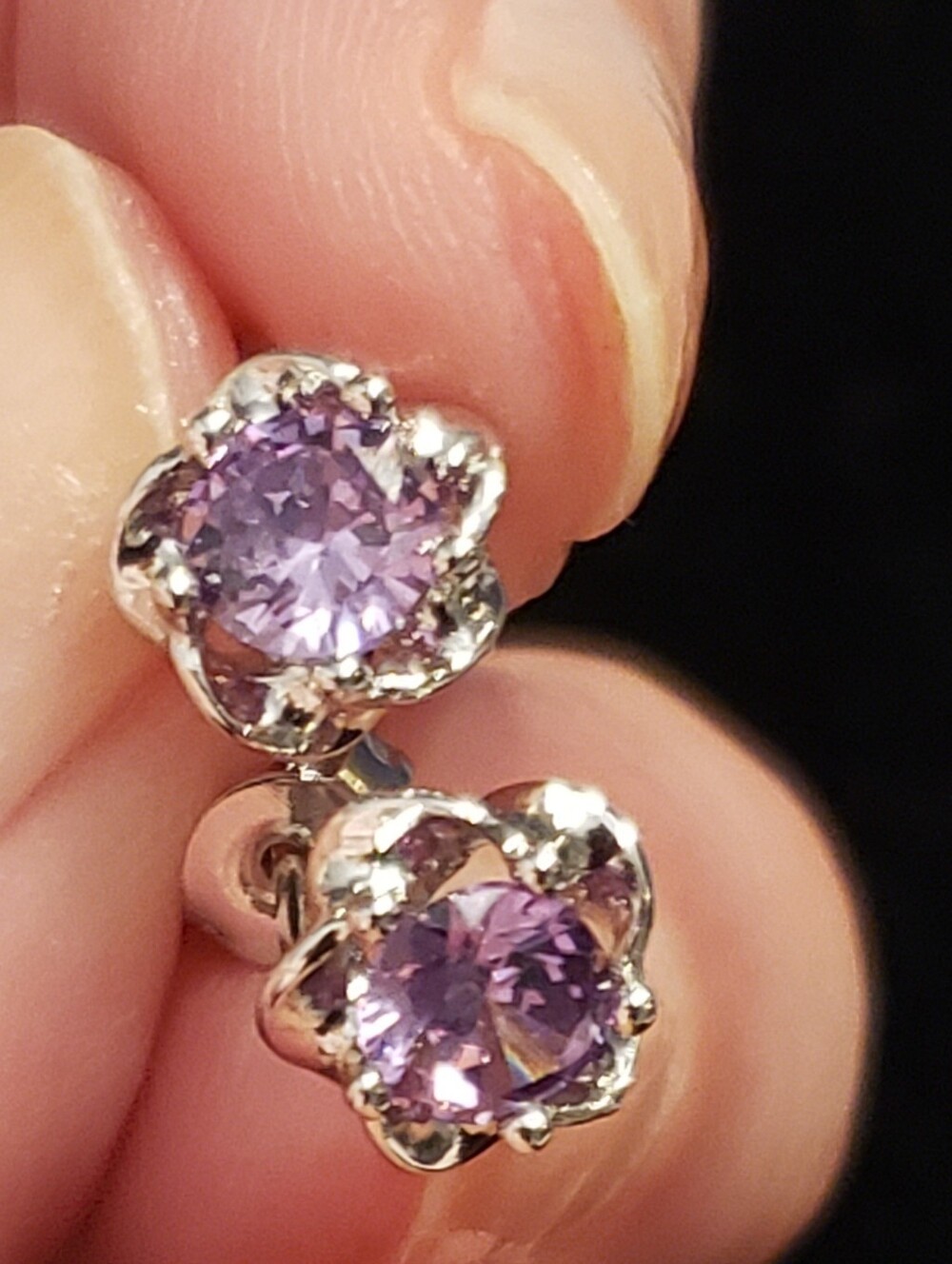 NEW Amethyst Purple Sterling Floral Design Earrings, Faceted -Stamped 925 Silver